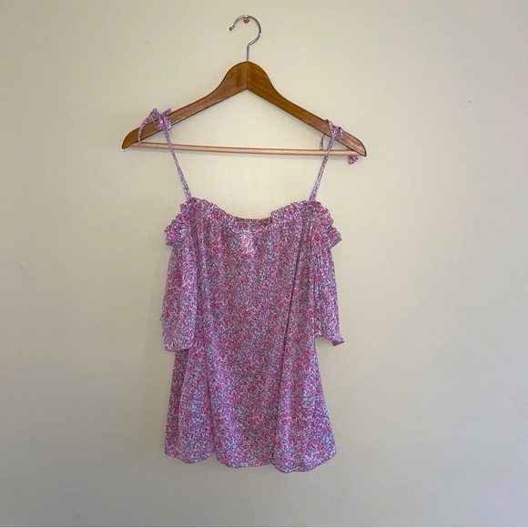 H&M Flowey Off Shoulder Top Neck Detail Tie Up Shoulder Detail | Pink w/Flowers - Picture 5 of 5